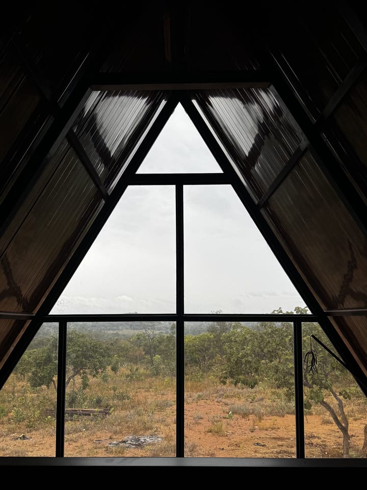 Vista de dentro da Braúna: a parede de vidro em triângulo, do piso ao topo do telhado, abrindo para o cerrado.