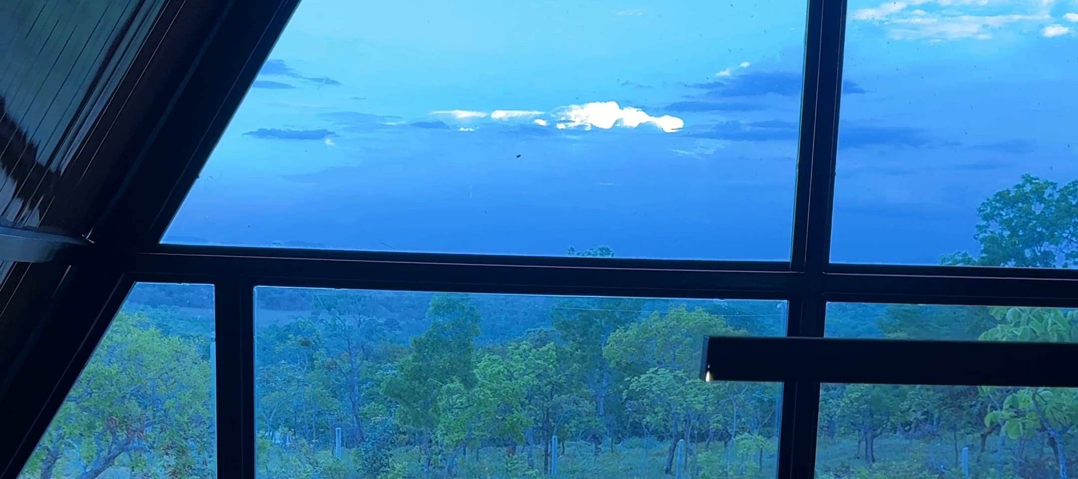 A vista pela empena de vidro do quarto: o céu da hora azul, o caixilho preto e a linha do cerrado lá fora.
