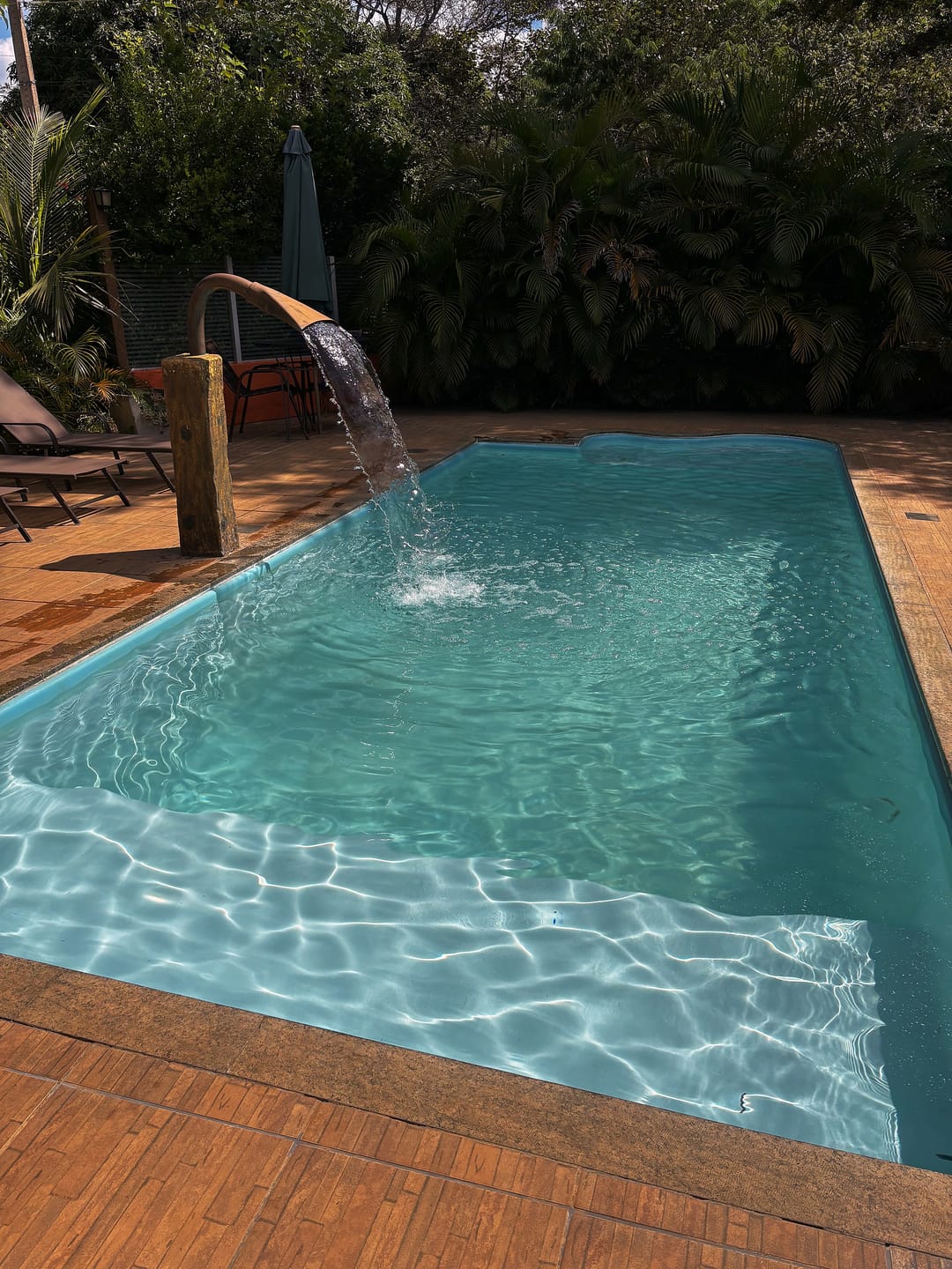 Piscina com cascata, cercada por deck de madeira e vegetação.